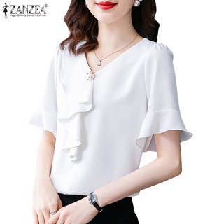 Zanzea ใหม่ เสื้อเบลาส์ แขนสั้น ผ้าชีฟอง ใบบัว แฟชั่นเกาหลี สําหรับผู้หญิง