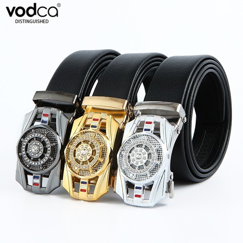 Vodca-เข็มขัดผู้ชาย อัตโนมัติ สายหนังสีดำ KP-K2