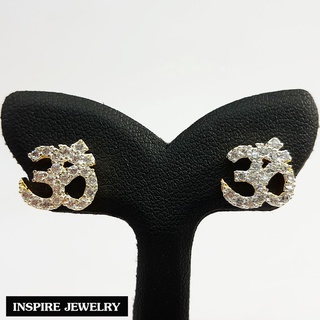 Inspire Jewelry (NN) ,ต่างหูโอม ทองแท้ 24K ประดับเพชรCZ ขนาดเล็ก 1 CM สวยหรู เสริมโชคลาภ แก้ชง เสริมดวง        .