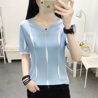 (พร้อมส่ง/ใหม่รุ่น-6708#)เสื้อไหมพรมแขนสั้นแฟชั่นเกาหลีสำหรับผู้หญิง