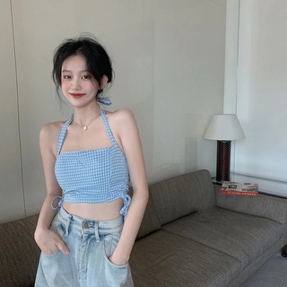 W[]-Female Camisole, Plaid Halter Neck Vest Crop Tops with Drawstring Summer Outfit for Adults, Light Blue