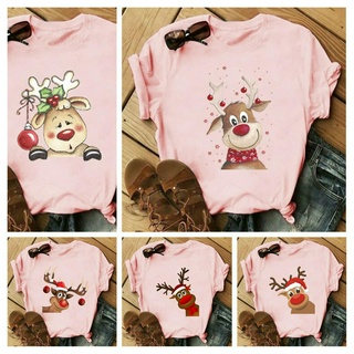 เสื้อยืดผ้าฝ้าย เสื้อยืดคริสต์มาสChristmas Tshirt 2022 Christmas Santa Claus Elk Print Men and Women Parent-child Pink T
