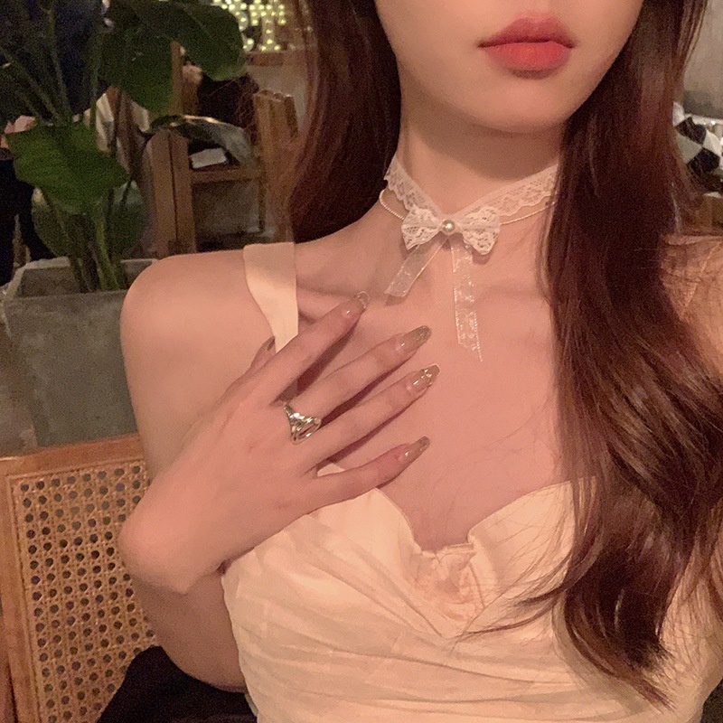 ใหม่ สร้อยคอโชคเกอร์ ประดับโบว์คู่ ลูกไม้ สีขาว อ่อนโยน เหมาะกับฤดูใบไม้ผลิ และฤดูร้อน สําหรับผู้หญิง
