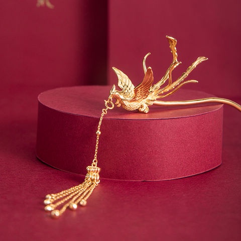 Miyan [Phoenix] Golden Phoenix Headdress หญิงโบราณ Gilt Retro งานแต่งงาน Phoenix Hairpin เจ้าสาว Xiuhe