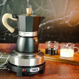 Set Moka Pot แบบสีด้ามลายไม้ 3 Cup + เตาไฟฟ้า iMix 500w