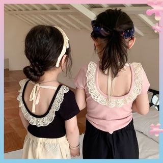 Sweet lace lace girls small backless short-sleeved base shirt 2022 summer childrens baby girls elastic T-shirt