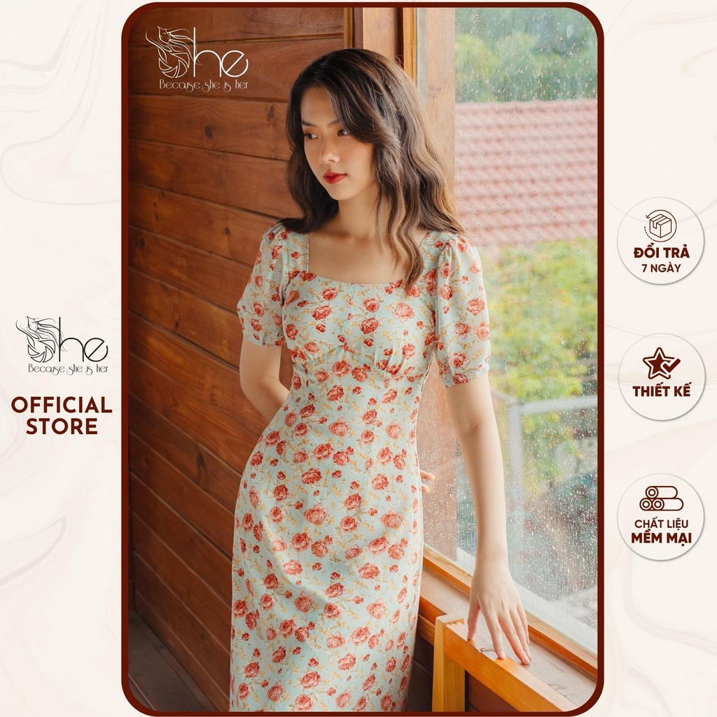 เธอ มิดิ เดรสดอกไม้คอสี่เหลี่ยม, ชุดทํางานผ้าชีฟองผู้หญิงออกแบบมาสําหรับแฟชั่นสตรี SDX100