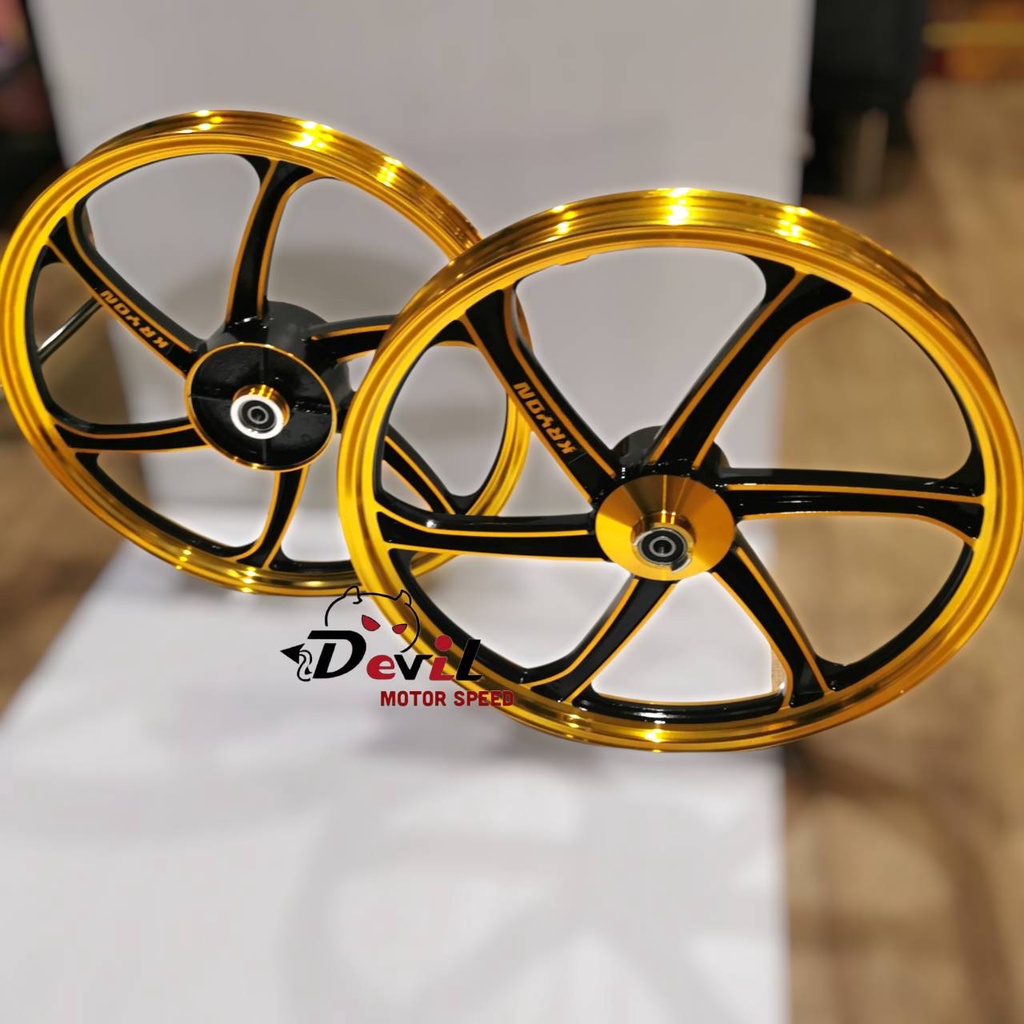 ล้อแม็ก เวฟ110i W110i ,W125iปลาวาฬ, 6ก้าน ทูโทน 1.40x17 หน้าดิสหลังดั้มแถมลูกปืน+บูชกลางล้อ ขายเป็นคู่-สีทองปัดดำ