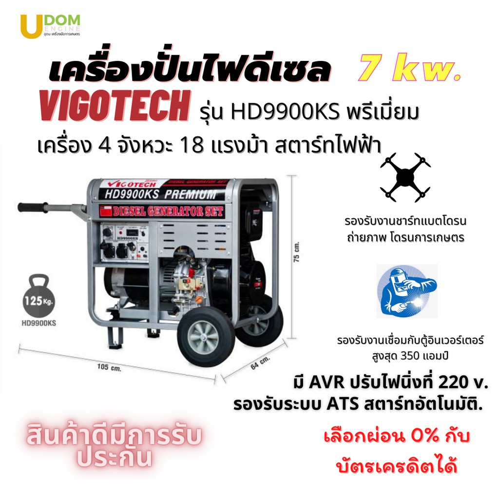 เครื่องปั่นไฟดีเซล VIGOTECH วีโก้เทค รุ่น HD9900KS พรีเมี่ยม 7 Kw. 1 เฟส มี AVR ปรับไฟเสถียรที่ 220V รองรับระบบ ATS