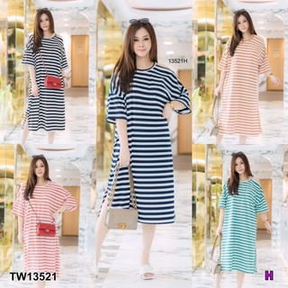 👗Pfashion [ส่งไว!!🚛] P13521เดรสเว้าไหล่ #สาวอวบ ลายริ้ว Off-shoulder dress #chubby girl with stripes