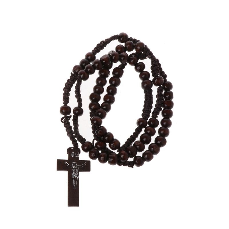 ARIN Wooden Beads Rosary Necklaces with Jesus Imprint Cross Religious Jesus