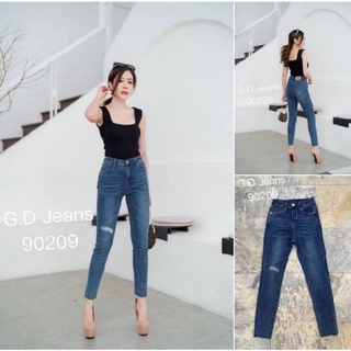 G.D.Jeans รุ่น 90209#กางเกงยีนส์แฟชั่นขายาวผ้ายืดฮ่องกงทรงเดฟฟอกสียีนส์แต่งขาดหน้าเข่า