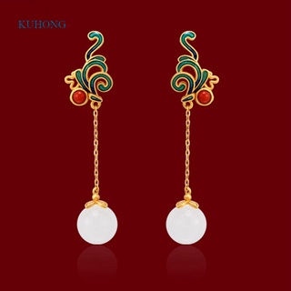 Kuhong สไตล์จีน เคลือบสี หรูหรา ผู้หญิง เสน่ห์ Carnelian Hotan สีขาว หยก หินพู่ยาว ต่างหูวินเทจ เครื่องประดับส่วนน้อย|ต่างหู รูปหยดน้ํา