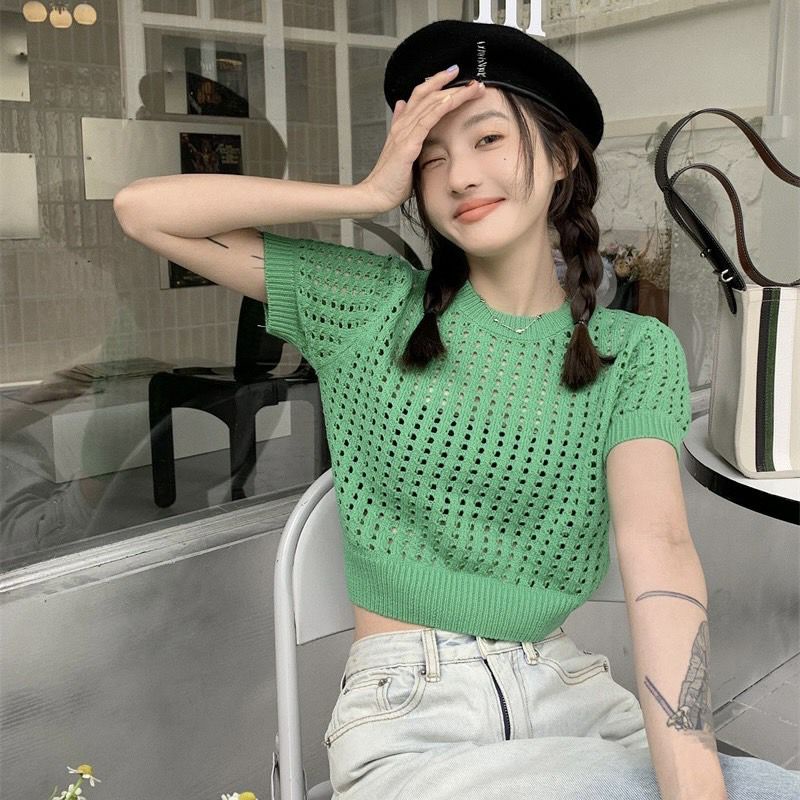 Vogue🌟พร้อมส่ง🌟 เสื้อถักไหมพรมแขนสั้น ซีทรูเบาๆสไตล์เกาหลีมาก (99025/99025-1-C) -N