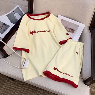 2022 🍑 ชุดเชตเสื้อ+กางเกงขาสั้น สีเหลืองขอบแดง ใสใส ใส่สบาย | Pre-order 7-20วัน