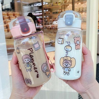 ขวดน้ำเด็ก ลายสัตว์น่ารัก แบบหลอดเด้ง  ขวดน้ำขนาด 350 ml ขวดน้ำสำหรับพกพา แถมฟรีสติ๊กเกอร์  สุดน่ารัก พร้อมสายคล้องมือ