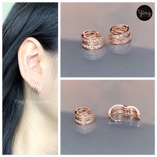 ต่างหูห่วงเล็ก Pink Gold งานเพชร 2 แถวคู่จิ๋ว ขนาดห่วง 7 mm