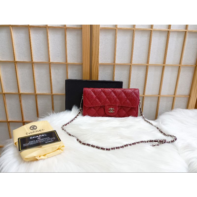 👑 กระเป๋าเงิน Chanel ใบยาว สีแดง หนังคาร์เวียร์ สายถอดออกได้ เป็นกระเป๋าเงินได้ และสะพายข้างได้