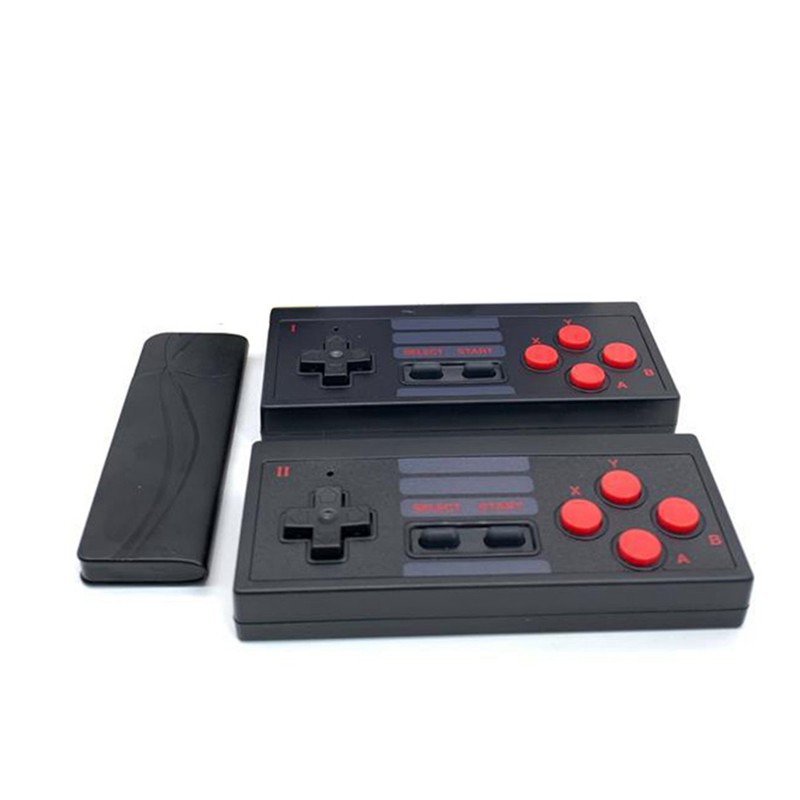 retro game console with wireless controllers