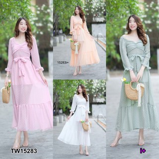 J15283 Maxi Dress แม็กซี่เดรส คอเหลี่ยม แขนยาวศอก ผ้าปักลาย