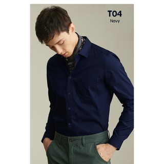 เสื้อเชิ้ตผู้ชาย สีกรม ผ้า Cotton ทรง Slim-Fit