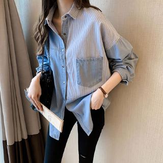เสื้อแจ็คเก็ตยีนส์แขนยาวทรงหลวมลายสก๊อต
