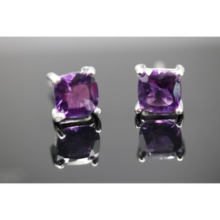 ต่างหูปักก้านเงินแท้925 ฝังพลอยแท้อเมทิสต์ (Amethyst) ขนาด 8 มม. ชุบโรเดียม