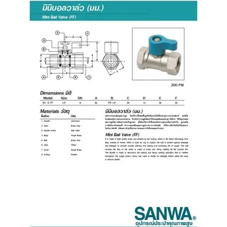 มินิบอลวาล์ว บอลวาวล์ บอลวาล์วสองทาง ผม มม ผผ ผผ ฉาก (ผม. มม. ผผ.) ซันวา SANWA ขนาด 1/2" (4 หุน)