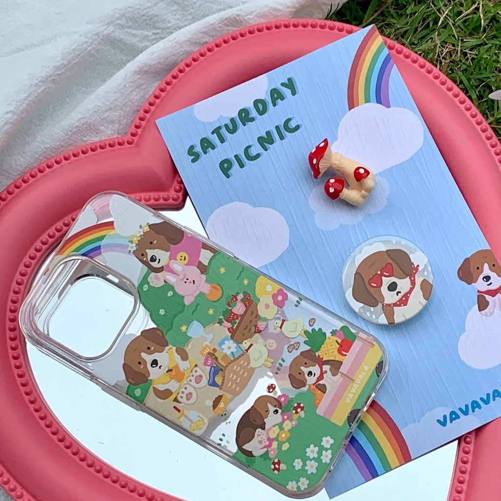 เคสสำหรับไอโฟน ลาย Saturday picnic (beagle) (พื้นหลังใส) - Dual Guard เคสใส 2 ชั้น iPhone (ผลิตตามออร์เดอร์)