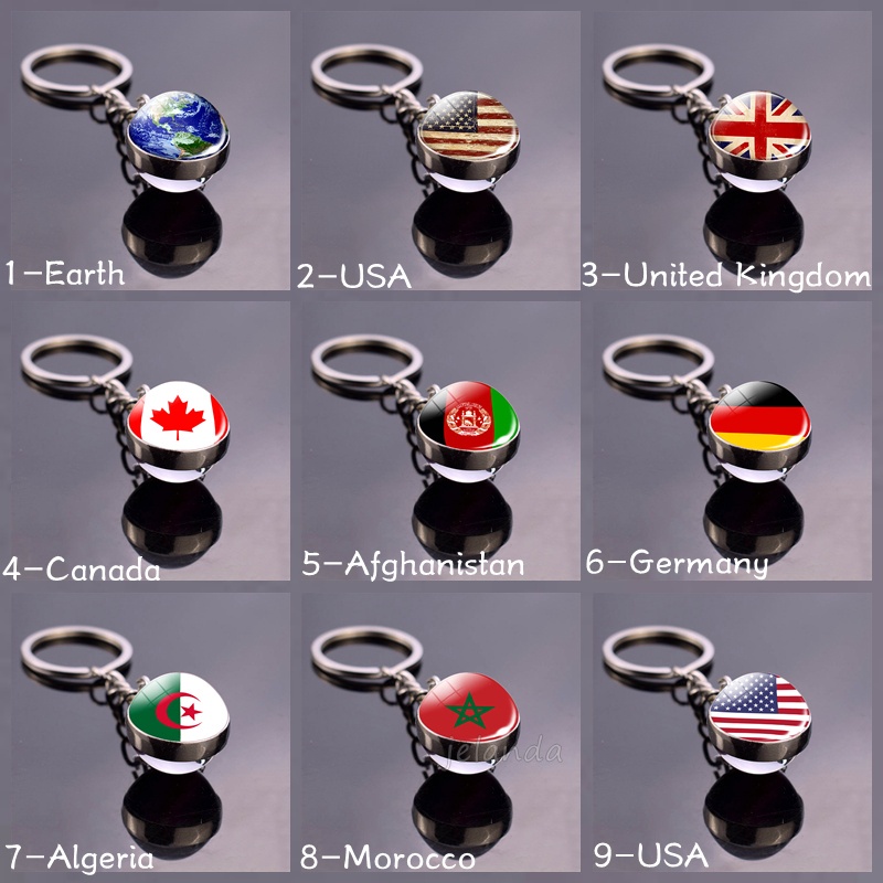 Flag Key Chain Glass Ball Key Chain Earth Britain Canadaอัฟกานิสถาน Germany Algeria Israel Italy Key