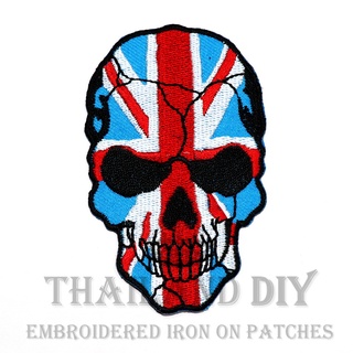 ☠ ตัวรีดติดเสื้อ งานปัก ลาย หัวกะโหลก ธงชาติอังกฤษ สัญลักษณ์ ธงชาติ UK Flag Skull Patch WOP DIY ตัวรีด อาร์มติดเสื้อ