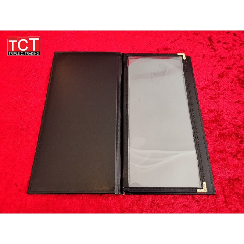 แฟ้มเมนูอาหาร เครื่องดื่ม ปกหนังเที่ยมอย่างดี ขอบทอง 2แผ่น 4หน้า ขนาด15X31CM. สีดำ Menu folder