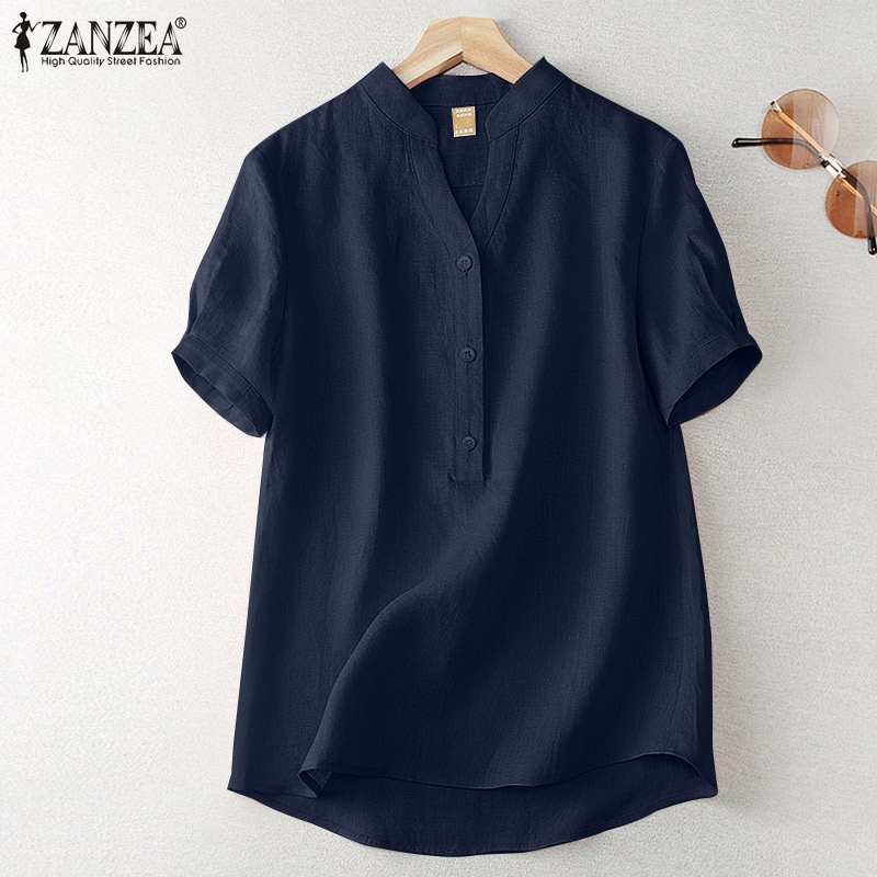 Zanzea เสื้อเบลาส์ คอวี แขนสั้น ลําลอง ทรงหลวม สีพื้น สไตล์เกาหลี เรียบง่าย สําหรับผู้หญิง