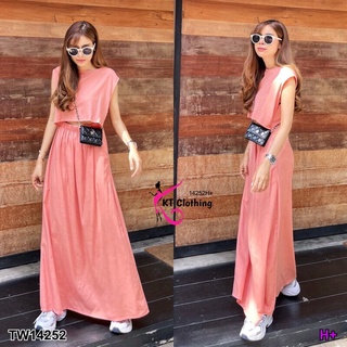 TW14252Maxi Dress เดรสยาว แขนกุด ช่วงเอวเว้าหน้า เอวดึงยางสม็อกยืดได้เยอะ มีกระเป๋าข้างสองข้าง เนื้อผ้าลินินอย่างดี