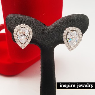 Inspire Jewelry ,ต่างหูเพชรเม็ดใหญ่ล้อมเพชรรอบวง เป็นรูปหยดน้ำ ขาปักก้าน งานแฟชั่นชั้นนำ ดาราใส่กันเยอะมาก เคลือบทอง