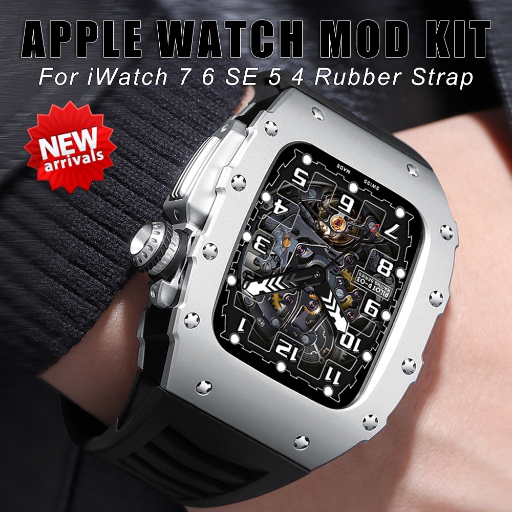 สายนาฬิกาข้อมือยาง โลหะผสมอลูมิเนียม หรูหรา DIY สําหรับ Apple Watch 8 7 6 SE 5 4 iWatch 44 มม. 45 มม.