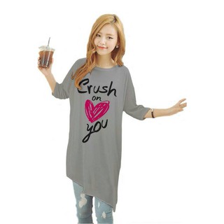 เสื้อยืดตัวยาว /แซกสั้น ผ้านุ่ม แขนสามส่วน ปลายเฉียง ลาย Crush (สีเทา)