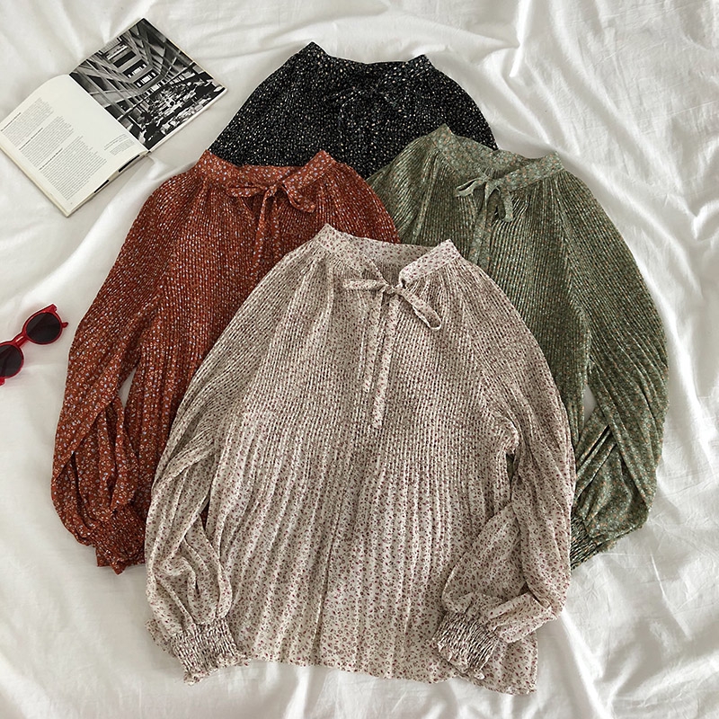 เสื้อเชิ้ตแขนยาว ผ้าชีฟอง ลายดอกไม้ สไตล์เกาหลี สําหรับผู้หญิง