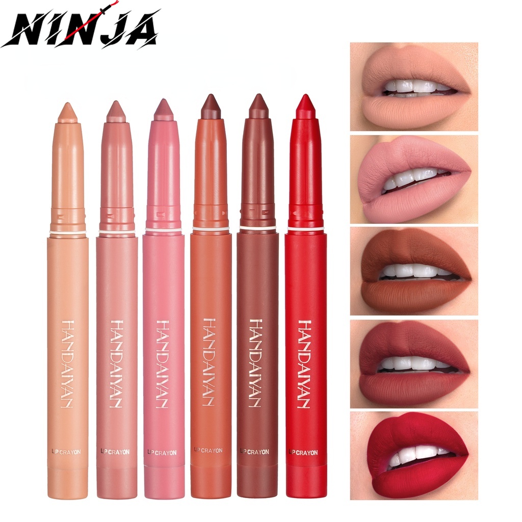 [ร้อน]กํามะหยี่ยาวนาน 6 สี Matte Lip Liner HANDAIYAN Sweat Proof Nude ลิปสติก Water Proof ลิปสติก Dual-use Matte ลิปสติกปากกา