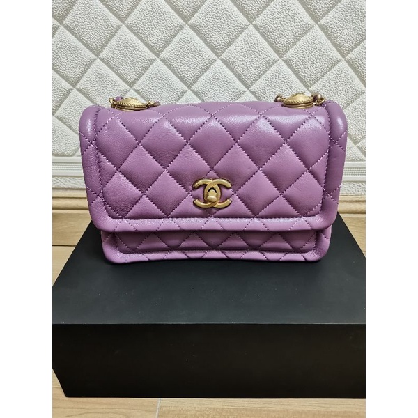 Chanel botton on top chain flap bag in purple 2020 [Used]