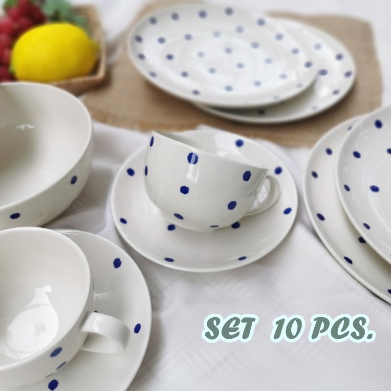 INDRA CERAMIC ชุดอาหาร 10 ชิ้น ลายจุด เซรามิกเข้าไมโครเวฟได้