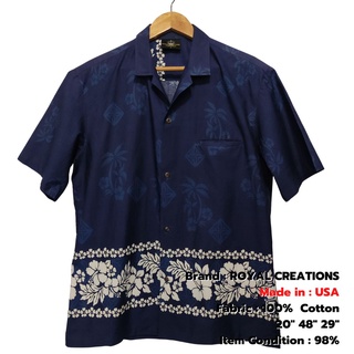 เสื้อฮาวายUSAแท้100% ROYAL CREATIONS รอบอก48" Cotton เสื้อเชิ้ตฮาวายวินเทจไซส์ใหญ่ มือสอง สภาพดีมาก / Used Hawaii Shirt