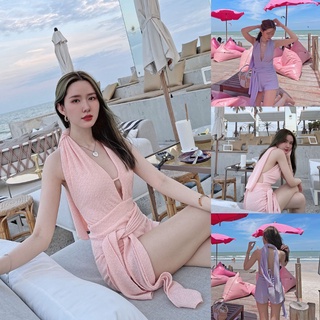 พีช/ม่วง 🍑 SLYQ MADE IBIZA OPEN BOW BACK BODYSUITS ชุดบอดี้สูทกางเกงขาสั้น จั๊มสูทขาสั้นผ้ายืด ใส่ไปทะเล