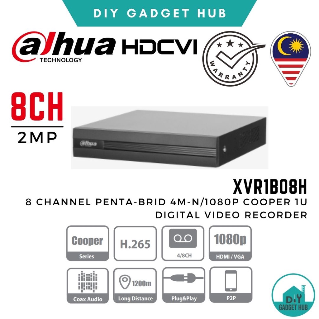 Dahua 8CH DVR XVR1B08H เครื่องบันทึกวิดีโอดิจิตอลสูงสุด 4MP 1-HDMI 1-VGA รองรับ P2P GDMSS Apps การตั