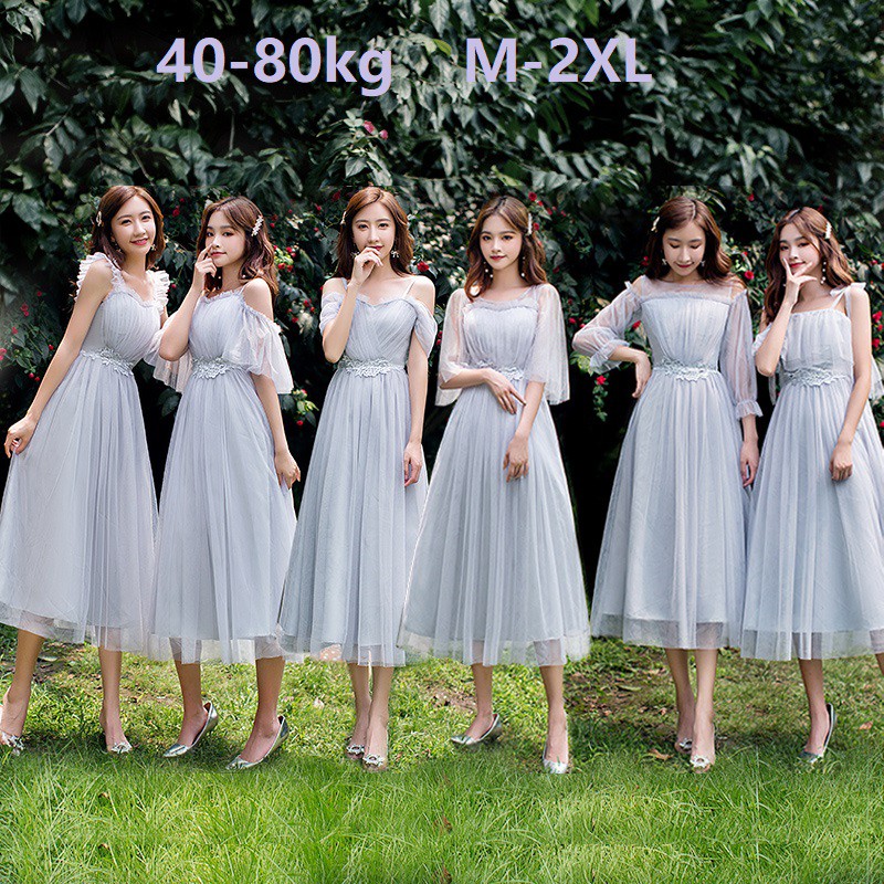 ชุดเพื่อนเจ้าสาวสีเทาอ่อนความยาวปานกลางน้องสาวกลุ่มผอมอารมณ์ มิดิ ชุดราตรี
