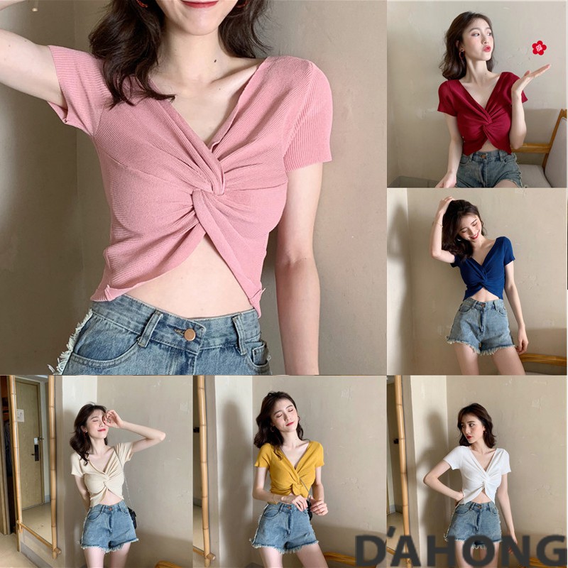Dahong 💖  เสื้อแขนสั้น สไตล์เกาหลี โชว์เอวสุดเซ็กซี่ แฟชั่นแขนสั้น เสื้อคอวี มัดกลางอก 9365