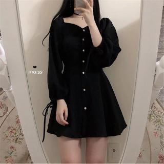 ชุดเดรสสำหรับสตรีแขนยาวสไตล์เกาหลีสีดำเข้ม Long Sleeve women Casual Mini Dress