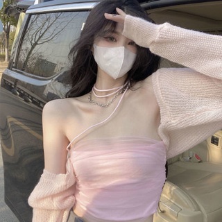 🔥Hot Sale / Pure Desire Style Thin Strap Tube Top Long Sleeve Shawl Top Women Sunscreen Cardigan Set