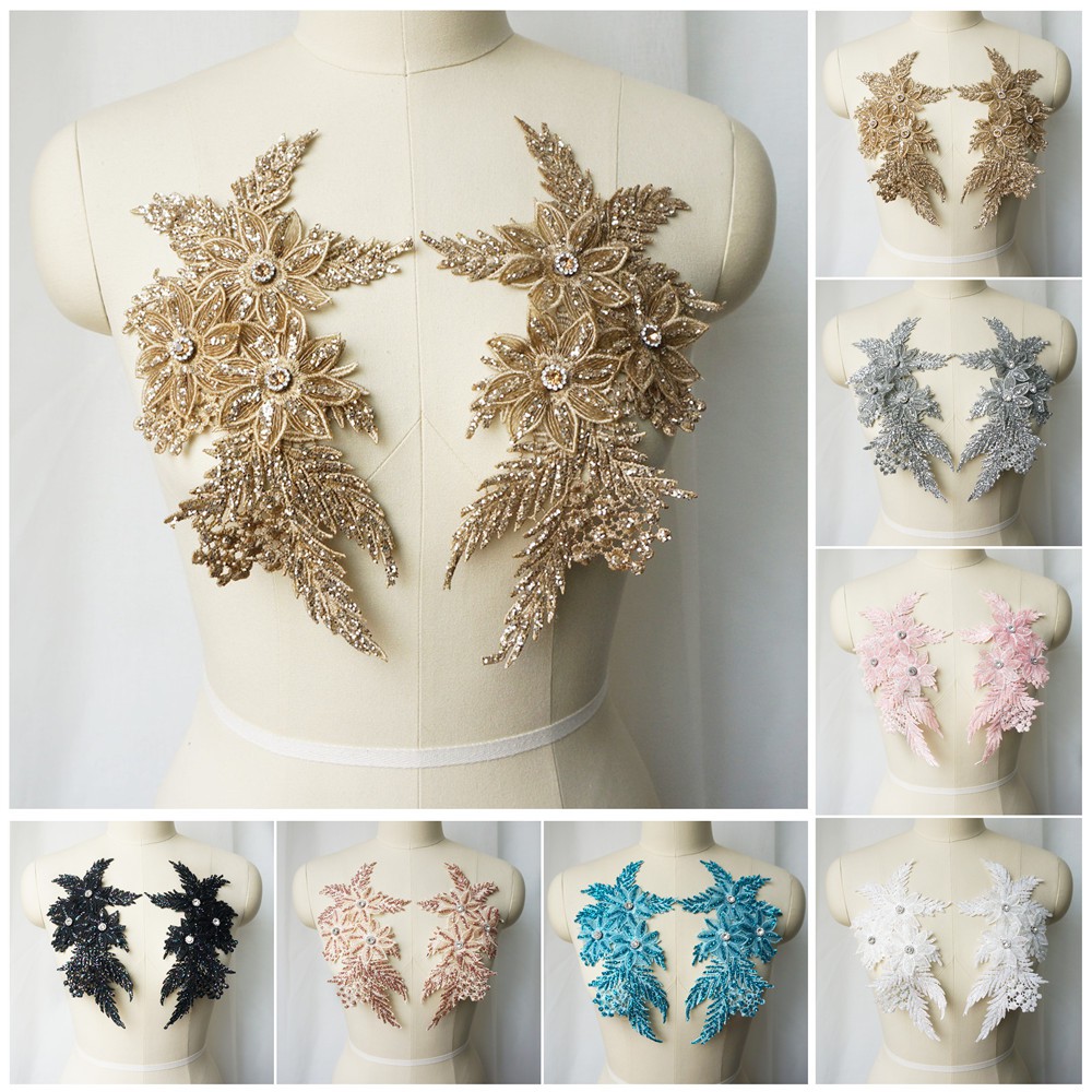 2pcs Sequins Rhinestones เย็บปักถักร้อย Appliques เย็บลูกไม้ดอกไม้ผ้า Patch สําหรับงานแต่งงานชุดเจ้าสาวเสื้อผ้า DIY หัตถกรรม
