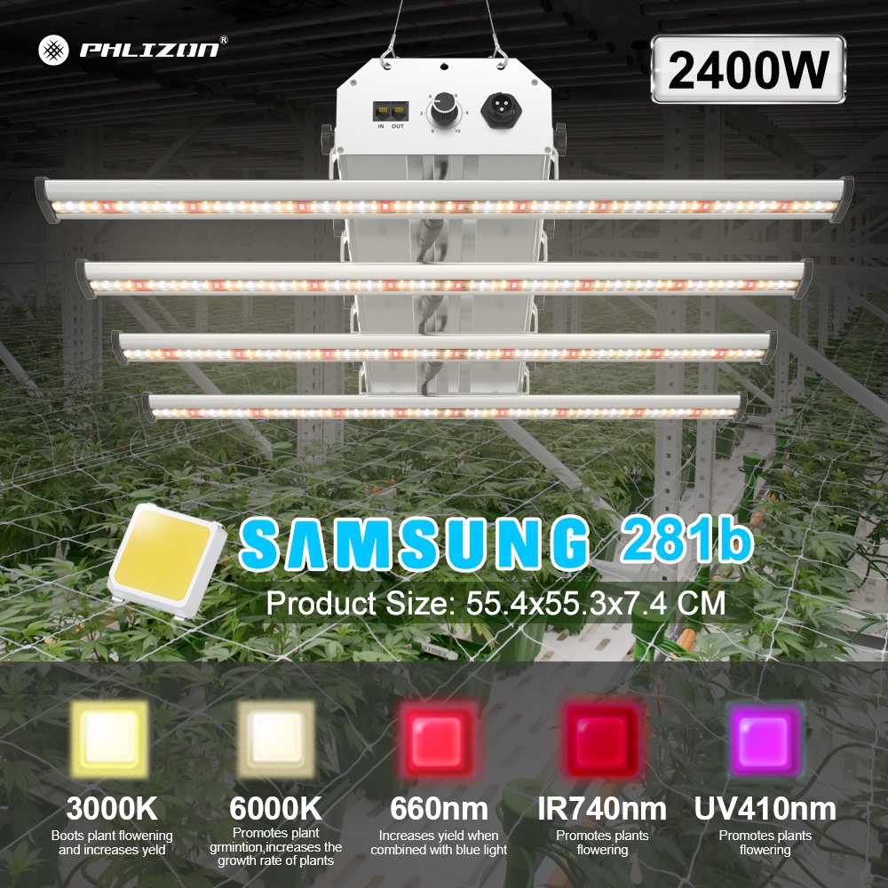 【ส่งฟรี+รับประกัน2ปี】Phlizon หลอดไฟ LED 240W ไฟต้นไม้ หรี่แสงได้ 4 บาร์ สำหรับปลูก ไฟบาร์ปลูกต้นไม้ Samsung 281B มีUV ไฟปลูก LED ไฟปลูกต้นไม้ AC100-277V แสงขาวเหลือง  แสงธรรมชาติ